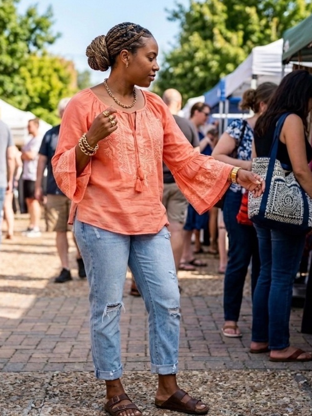 Handmade Embroidered Linen Coral Peasant Tunic Top